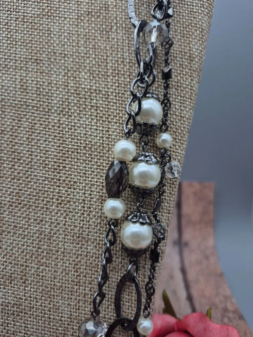 Premier Design Gun Metal Chain Necklace Faux Pearls Hammered Links Multi Strand